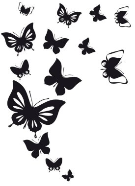 siyah beyaz arka plan, vektör, illüstrasyon izole kelebekler uçan koleksiyonu ile posta kartı