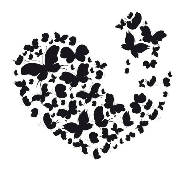 白い背景 ベクトル イラスト ロマンチックな概念に分離されたハートの形に黒蝶の飛翔 — ストックベクタ