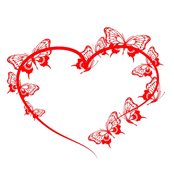 Tarjeta Boda Con Corazón Rojo Mariposas Voladoras Aisladas Sobre Fondo — Vector de stock