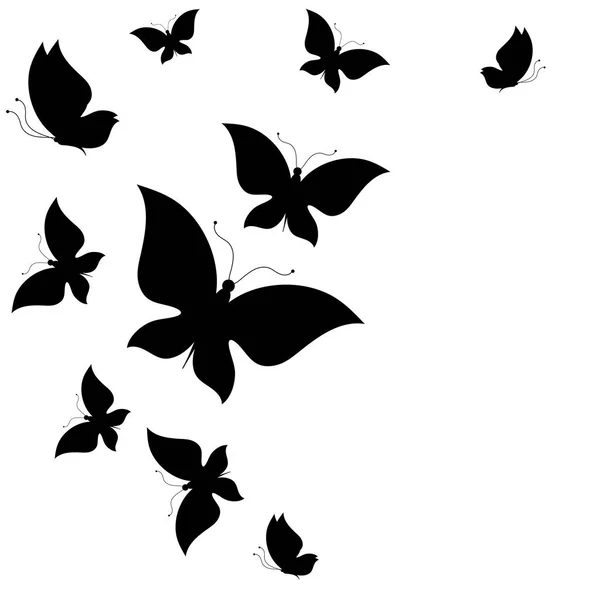 Pohlednice Kolekce Černé Létající Motýli Izolovaných Bílém Pozadí Vektor Ilustrace — Stockový vektor