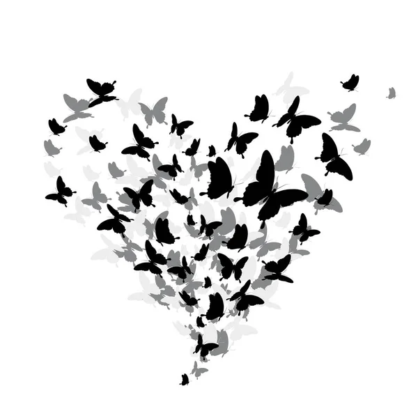 Mariposas Negras Voladoras Forma Corazón Aislado Sobre Fondo Blanco Vector — Vector de stock