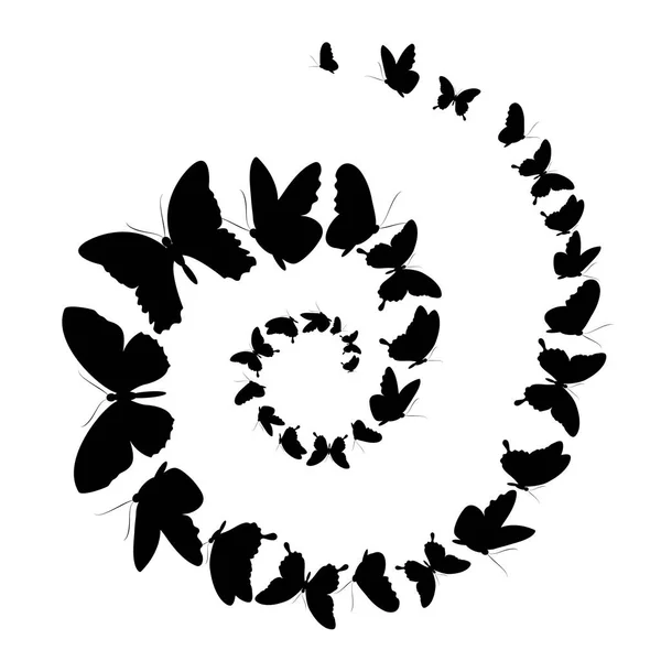 Летящие Черные Бабочки Виде Спирали Изолированы Белом Фоне Вектор Иллюстрация — стоковый вектор