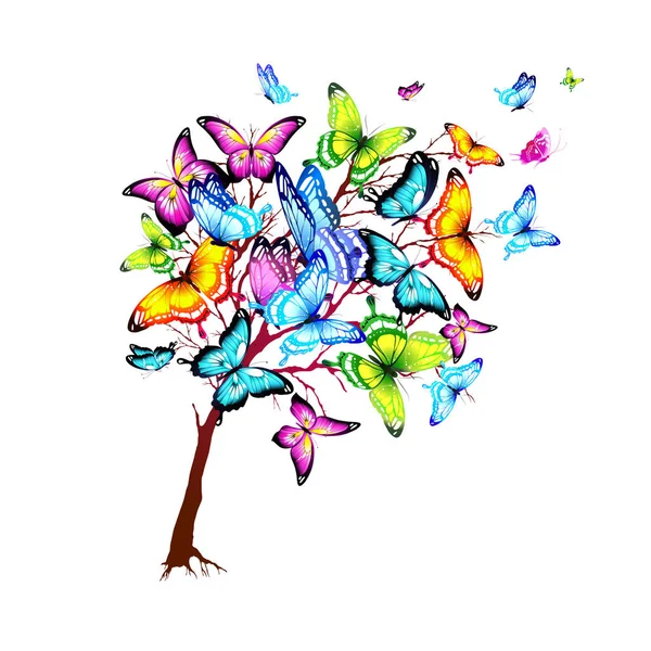 Ağaç Beyaz Arka Plan Vektör Illüstrasyon Izole Renkli Kelebekler Ile — Stok Vektör