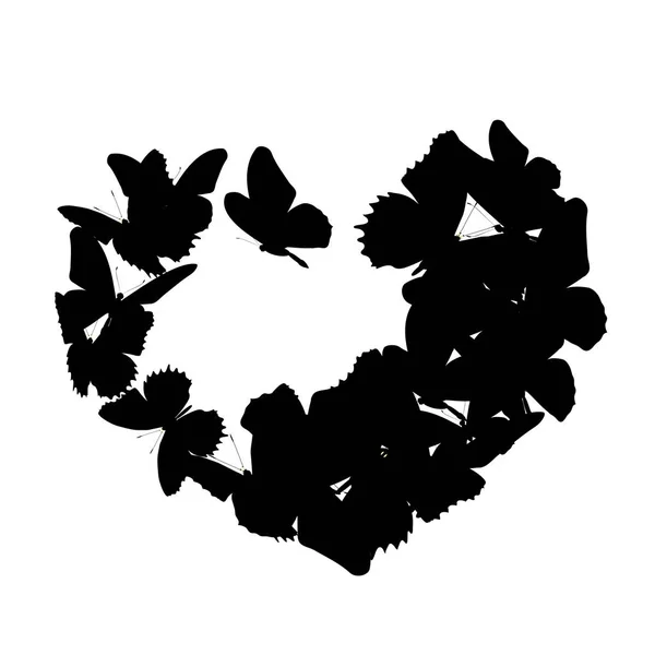 白い背景 ベクトル イラスト ロマンチックな概念に分離されたハートの形に黒蝶の飛翔 — ストックベクタ