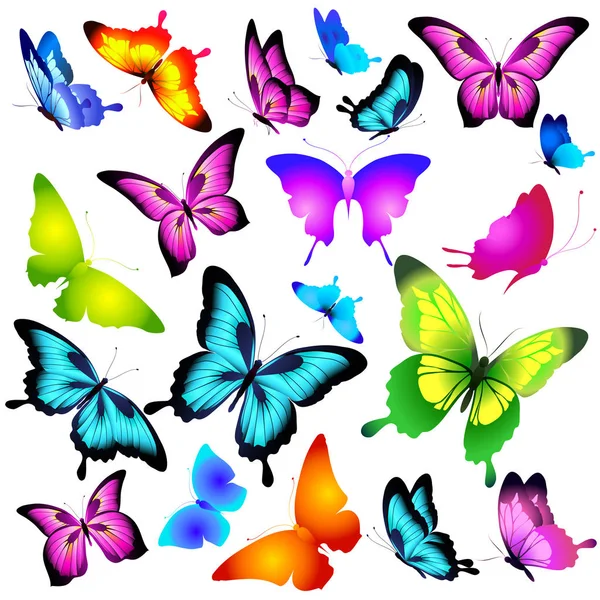 白背景 ベクトル イラストに分離されたカラフルな空飛ぶ蝶のコレクションを持つ郵便局のカード — ストックベクタ