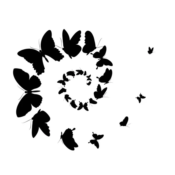 Mariposas Negras Voladoras Forma Espiral Aislada Sobre Fondo Blanco Vector — Vector de stock