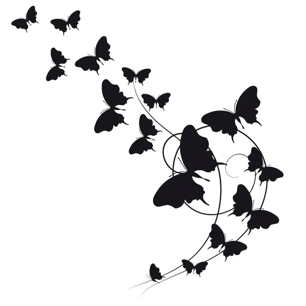 Colección Mariposas Voladoras Negras Con Remolinos Decorativos Aislados Sobre Fondo — Vector de stock