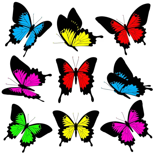 Carta Postale Con Collezione Farfalle Volanti Colorate Isolate Sfondo Bianco — Vettoriale Stock