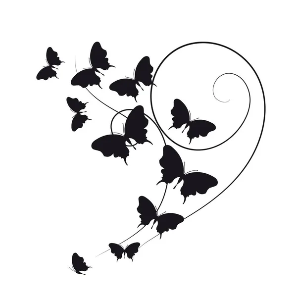 Collection Black Flying Butterflies Decorative Swirls Isolated White Background Vector — Stock Vector