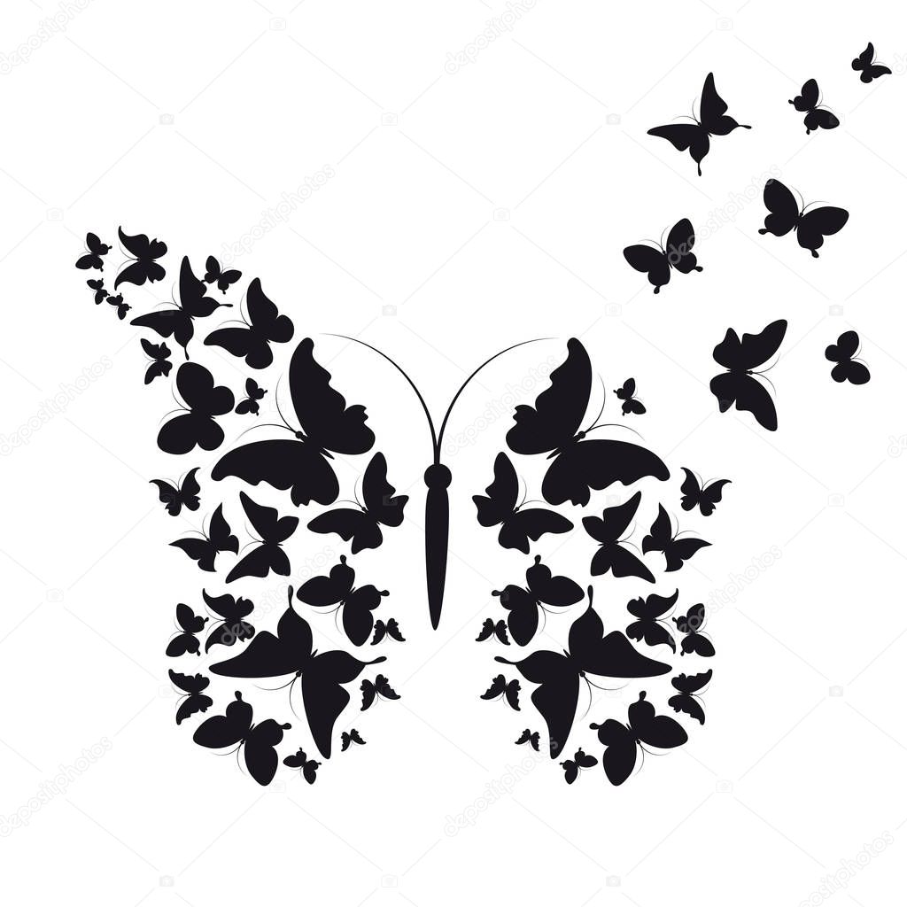 flying black butterflies in form of big butterfly isolated on white background, vector, illustration