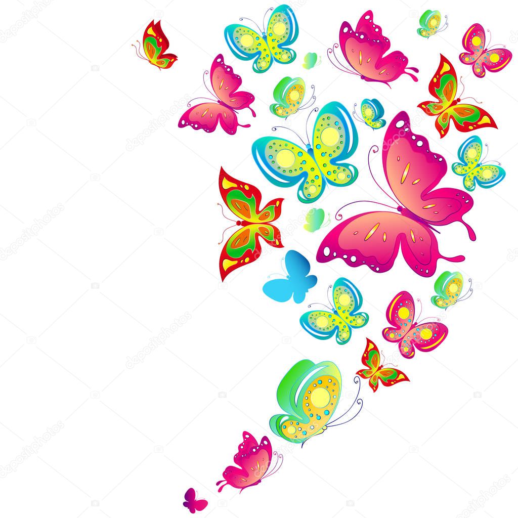 postal card with collection of bright flying butterflies isolated on white background, vector, illustration
