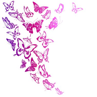 Beyaz arka plan, vektör, illüstrasyon izole elle çizilmiş pembe kelebek koleksiyonu