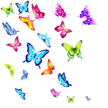 Beyaz arka plan, vektör, illüstrasyon izole güzel renkli kelebekler davetiye el ile çizilmiş