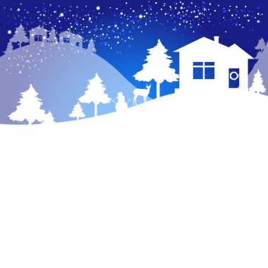 Ev ve araba kar çayır, vektör, illüstrasyon ile geyik ile Noel tebrik kartı