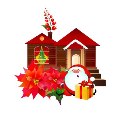 Noel Yılbaşı çiçeği ve Noel Baba ile ev beyaz arka plan, vektör, illüstrasyon izole ayarla
