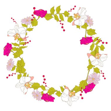 elle çizilmiş çelenk güzel çiçekler, vektör, illüstrasyon