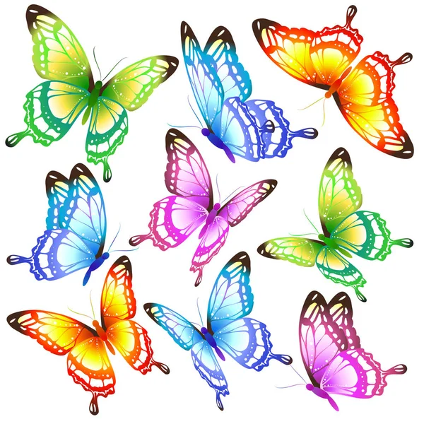 Carta Postale Con Collezione Farfalle Volanti Luminose Isolate Sfondo Bianco — Vettoriale Stock