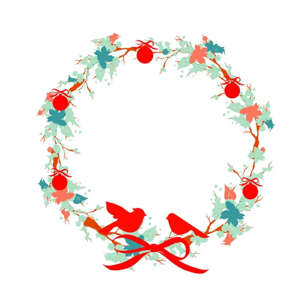 Hermosa Corona Navidad Con Pájaros Aislados Sobre Fondo Blanco Vector — Vector de stock