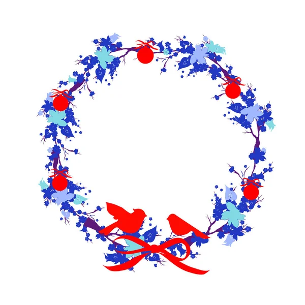 Piękny Boże Narodzenie Wieniec Ptaków Białym Tle Białym Tle Wektor — Wektor stockowy