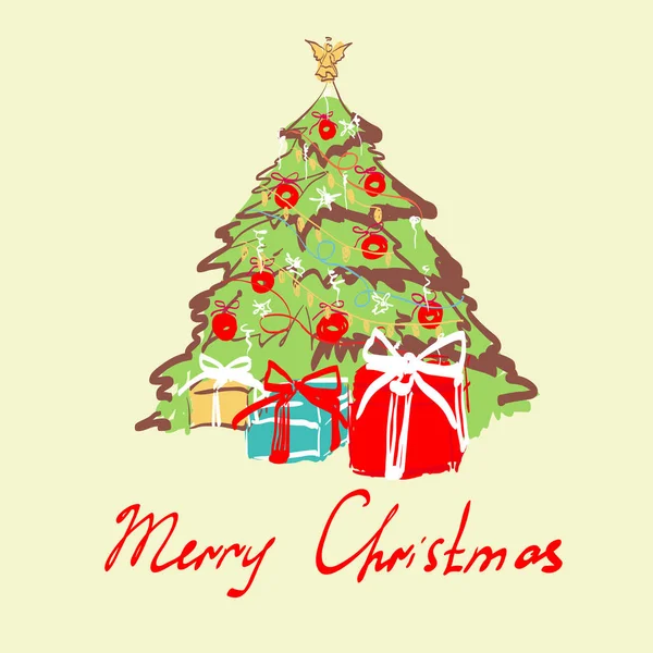 Ευχετήρια Κάρτα Χριστουγεννιάτικο Δέντρο Και Κουτιά Δώρων Διάνυσμα Εικονογράφηση — Διανυσματικό Αρχείο