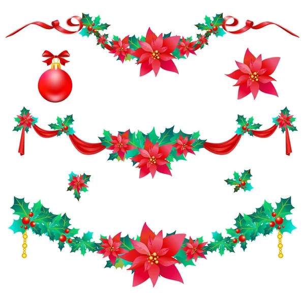 Kerst Slingers Met Poinsettia Bloemen Geïsoleerd Een Witte Achtergrond Vector — Stockvector