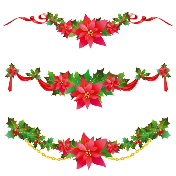 Guirnaldas Navidad Con Flores Poinsettia Aisladas Sobre Fondo Blanco Vector — Vector de stock