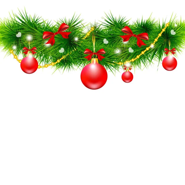 Weihnachtsbaumzweig Mit Roten Kugeln Und Bögen Isoliert Auf Weißem Hintergrund — Stockvektor