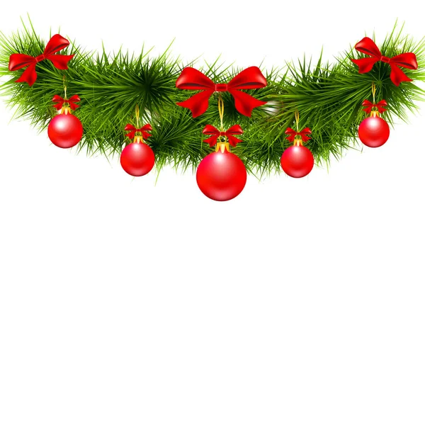 Ramo Dell Albero Natale Con Palline Rosse Archi Isolati Sfondo — Vettoriale Stock