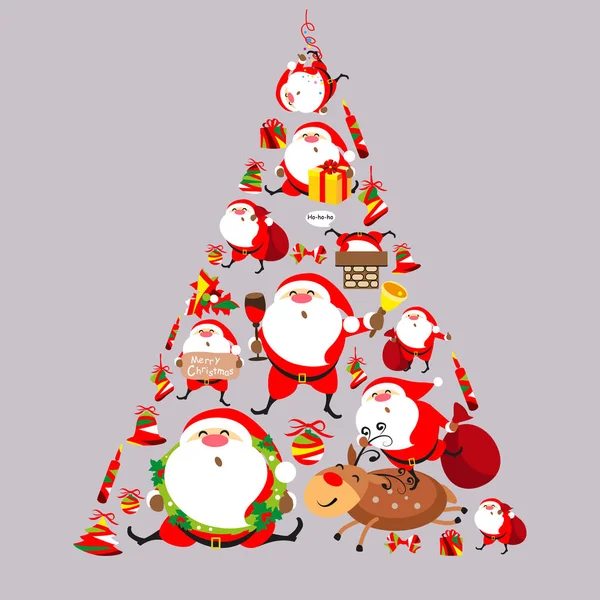 Grußkarte Mit Weihnachtsmann Set Form Von Weihnachtsbaum Vektor Illustration — Stockvektor