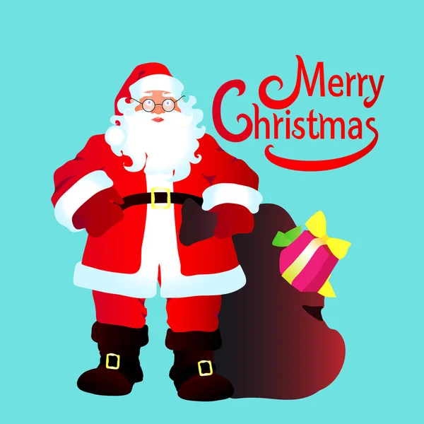 Biglietto Natalizio Con Babbo Natale Regalo Sfondo Blu Vettore Illustrazione — Vettoriale Stock