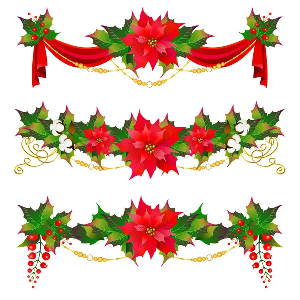 Christmas Garlands Poinsettia Cotton Flowers Isolated White Background Vector Illustration — Stock Vector