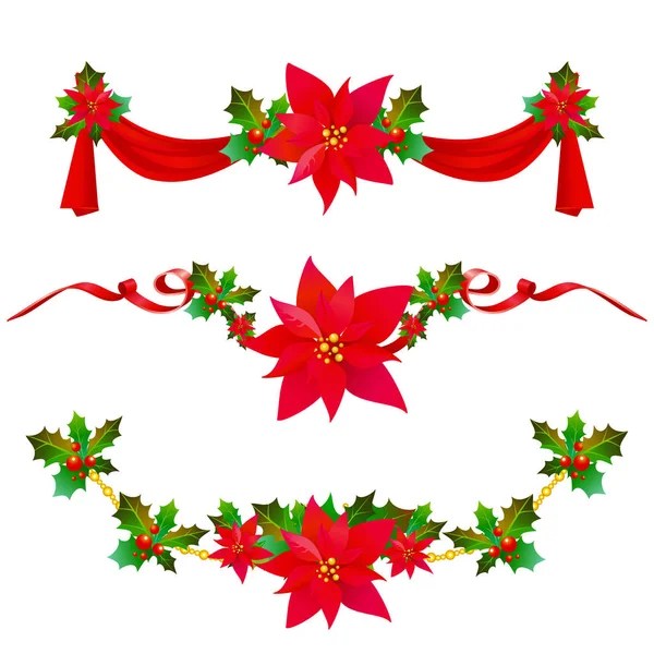 Kerst Slingers Met Poinsettia Bloemen Geïsoleerd Een Witte Achtergrond Vector — Stockvector