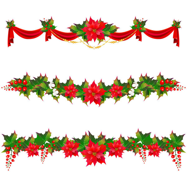 Рождественские гирлянды с точечными и хлопчатобумажными цветами на белом фоне, вектор, иллюстрация
