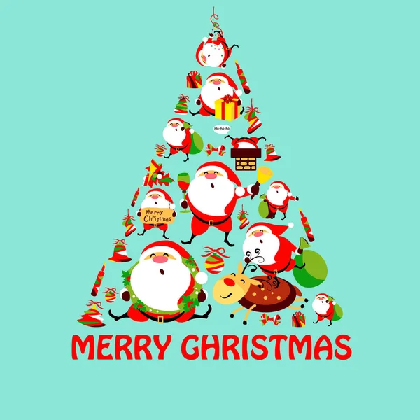 Grußkarte Mit Weihnachtsmann Set Form Von Weihnachtsbaum Vektor Illustration — Stockvektor