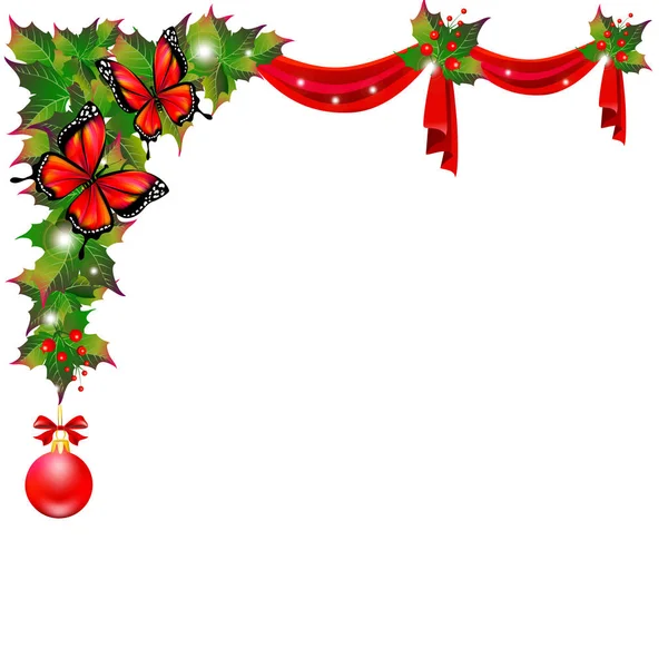 Weihnachtsgirlanden Mit Schmetterlingen Und Roten Bändern Isoliert Auf Weißem Hintergrund — Stockvektor