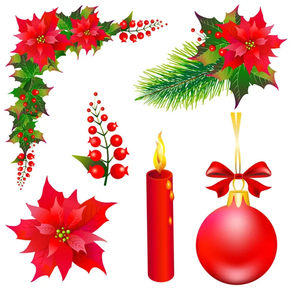 Ensemble Décorations Noël Avec Des Fleurs Poinsettia Isolées Sur Fond — Image vectorielle