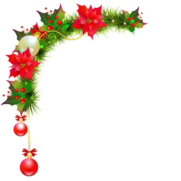 Guirlande Noël Avec Fleurs Poinsettia Isolées Sur Fond Blanc Vecteur — Image vectorielle