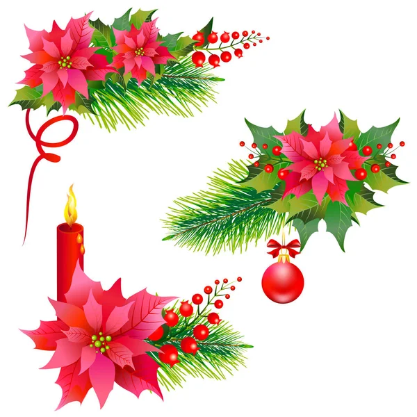 Guirlandes Noël Avec Fleurs Poinsettia Isolées Sur Fond Blanc Vecteur — Image vectorielle
