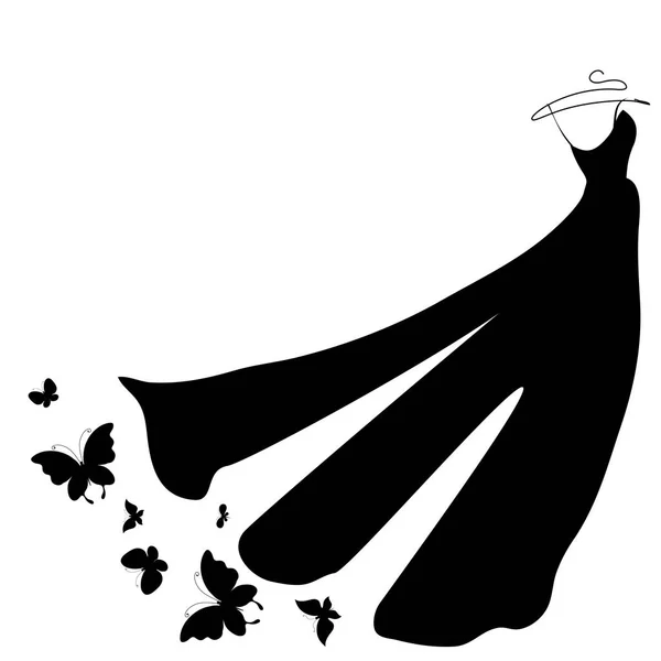Zwarte Silhouet Van Trouwjurk Met Vlinders Geïsoleerd Een Witte Achtergrond — Stockvector