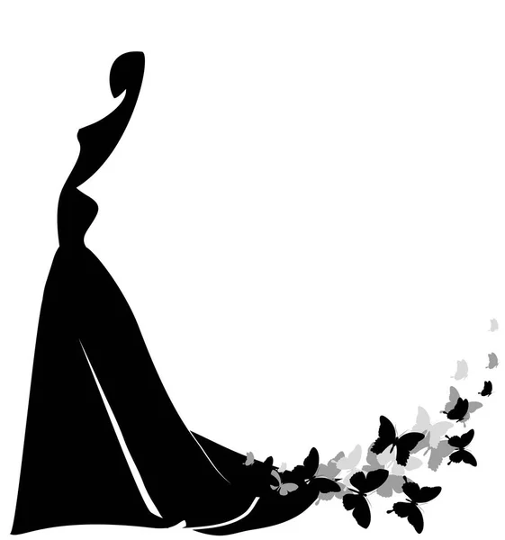 Schwarze Silhouette Des Brautkleides Mit Schmetterlingen Auf Weißem Hintergrund Vektor — Stockvektor