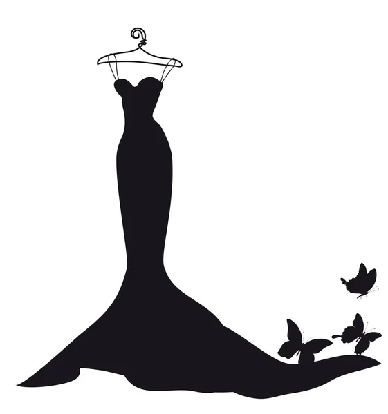 Černá Silueta Svatební Šaty Motýli Izolovaných Bílém Pozadí Vektor Ilustrace — Stockový vektor