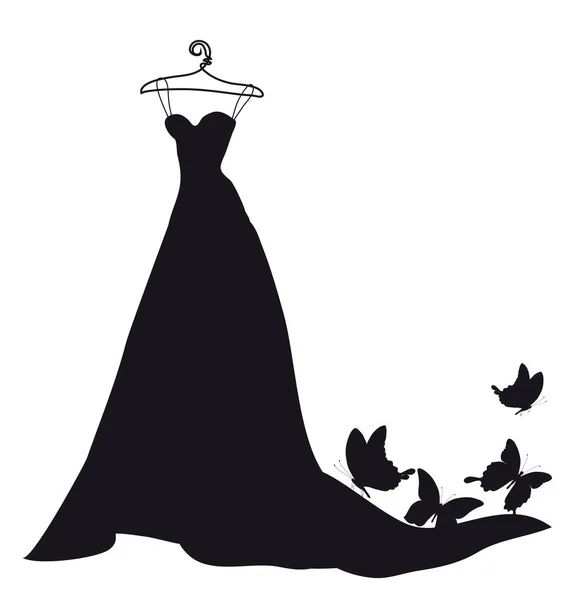Black Silhouette Wedding Dress Butterflies Isolated White Background Vector Illustration — Stock Vector