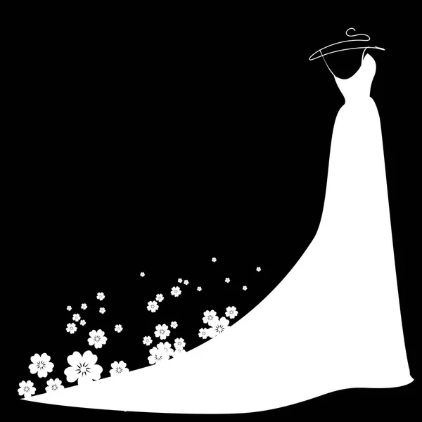 Biała Suknia Ślubna Kwiatami Czarnym Tle Wektor Ilustracja — Wektor stockowy