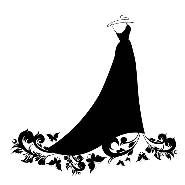 白背景 ベクトル イラストに分離された蝶とウェディング ドレスの暗いシルエット — ストックベクタ