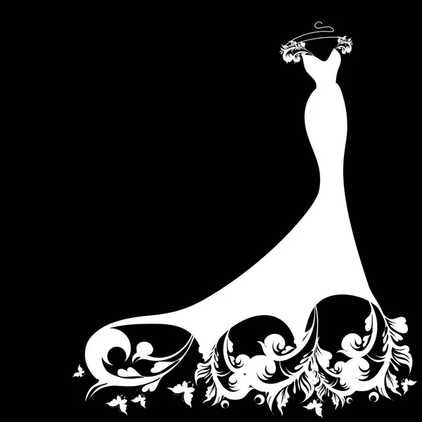 白背景 ベクトル イラストに分離された蝶とウェディング ドレスの暗いシルエット — ストックベクタ