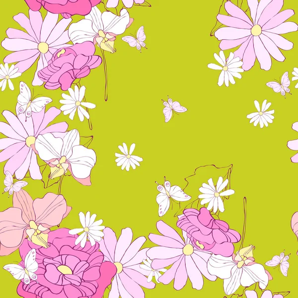 Ensemble Belles Fleurs Avec Des Papillons Sur Fond Vert Vecteur — Image vectorielle