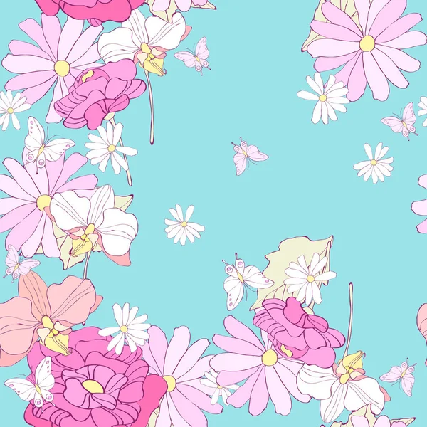 Vackra Tropiska Blommor Med Fjärilar Blå Bakgrund Vektor Illustration — Stock vektor