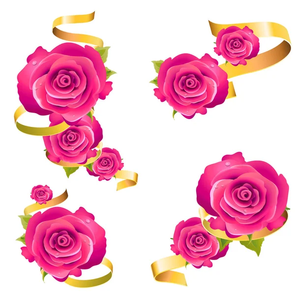 Hermosas Flores Rosas Con Cintas Doradas Aisladas Sobre Fondo Blanco — Archivo Imágenes Vectoriales