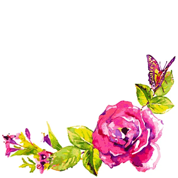 Rama Dibujada Mano Con Hermosas Flores Color Rosa Mariposa Aislada — Vector de stock
