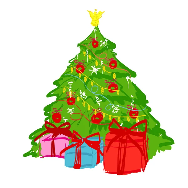 Greeting Card Christmas Tree Gift Boxes Vector Illustration — Stock Vector